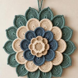 Gehaakt wandkleed met gelaagde bloemenmandala (PDF), boho-decoratie (direct te downloaden)
