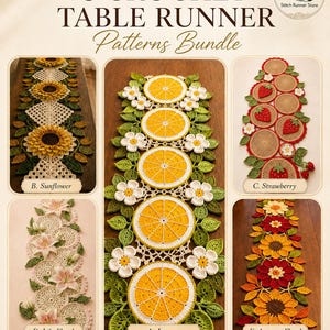 May include: Five crochet table runner patterns are displayed, featuring designs such as sunflowers, lemons, strawberries, lily florals, and autumn florals. The patterns are shown on a wooden surface, highlighting the detailed craftsmanship.