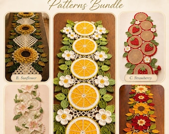 May include: A collection of five crochet table runner patterns. Designs include sunflowers, lemons, strawberries, lily florals, and autumn florals. The patterns are displayed on a wooden surface, showcasing the intricate details of each design.