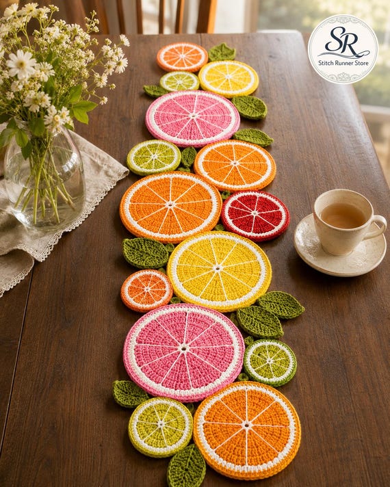 Gehäkelte Obstscheibe Tischläufer Muster PDF, Citrus Kitchen Decor (Digitaler Download)