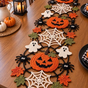 Modèle de chemin de table au crochet pour Halloween, Modèle de fantôme citrouille et toile d'araignée au crochet, Décoration de table d'automne (PDF), Modèle de centre de table pour Halloween