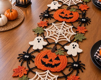 Haakpatroon voor een Halloween tafelloper, haakpatroon voor een pompoen-spinnenwebspook, herfsttafeldecoratie (PDF), patroon voor een Halloween tafelstuk