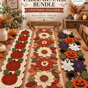 Peut inclure: Un ensemble de chemins de table au crochet comprenant trois motifs distincts : un avec des citrouilles orange et des feuilles vertes, un avec des fleurs d'automne et un avec des fantômes blancs, des citrouilles d'Halloween et des toiles d'araignée violettes.
