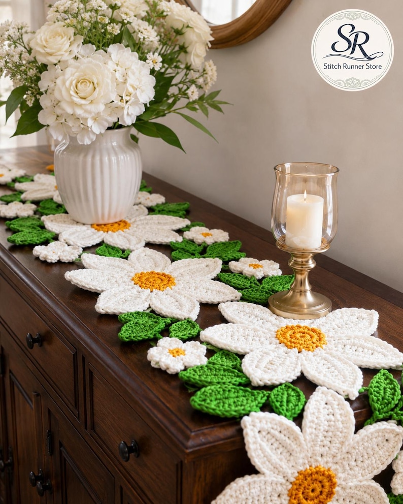 Daisy häkeln Tischläufer Muster, Florale häkeln Dekor, Bauernhaus Herzstück (PDF Download) Bild 3