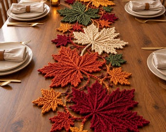Haakpatroon voor een tafelloper met esdoornbladeren (PDF), gehaakte tafelloper met herfstbladeren, herfsttafeldecoratiepatroon, haakpatroon voor Thanksgiving