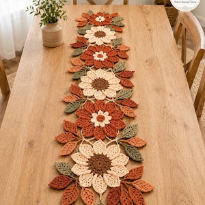 Chemin de table au crochet, motif PDF, tournesol floral d'automne, décor de feuilles en terre cuite (téléchargement numérique)