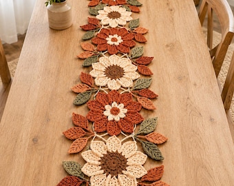 Gehaakte tafelloperpatroon pdf, herfstbloemen zonnebloem, terracotta bladdecor (digitale download)