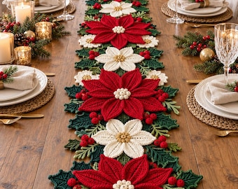 Haakpatroon voor een kersttafelloper (PDF), tafelloper met poinsettia's, feestelijke tafeldecoratie, gehaakt kerststuk, direct te downloaden