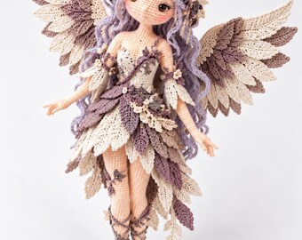 Haakpatroon voor een feeënpop (PDF), bosengel amigurumi met vleugels, pop met lavendelkleurig haar, fantasievolle haakdecoratie