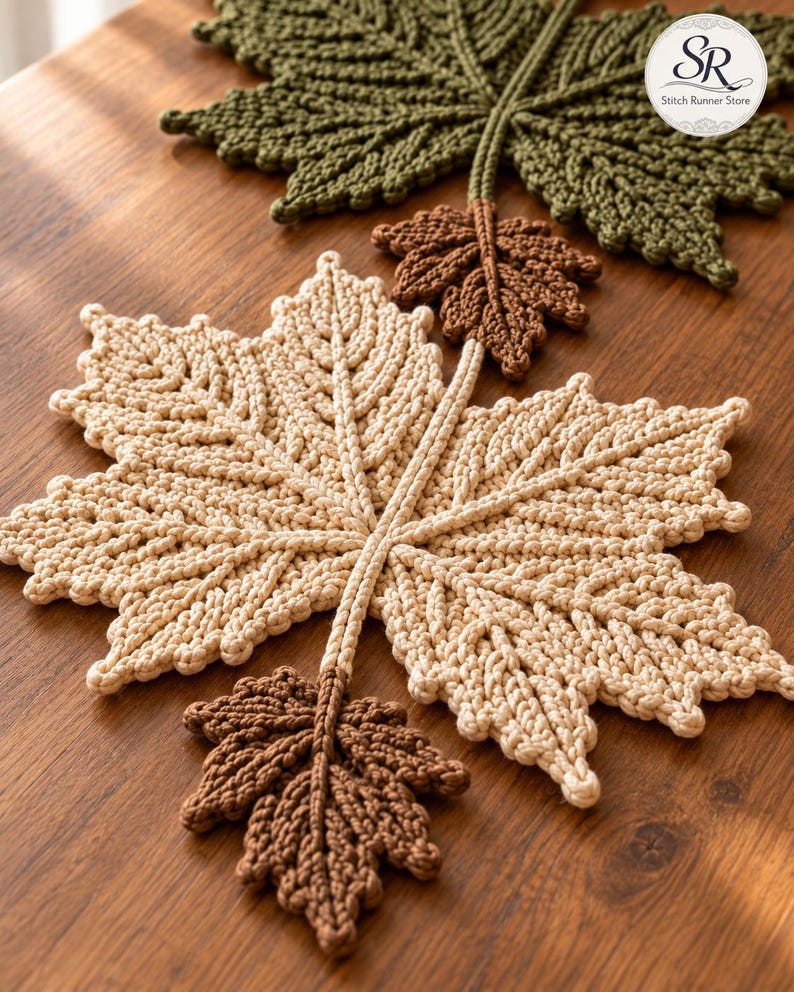 May include: A collection of crocheted leaf-shaped coasters in olive green, beige, and brown. The set includes one large olive green leaf, one large beige leaf, and two smaller brown leaves, all featuring detailed raised stitching and stems.