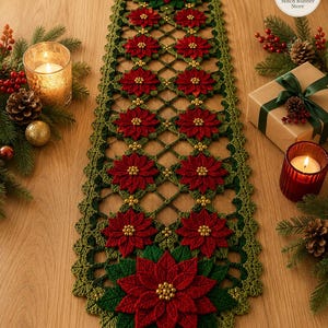 May include: A long, rectangular crochet table runner featuring a repeating pattern of deep red poinsettia flowers with gold bead centers, connected by a green lattice structure. The edges are finished with a decorative green scalloped border.