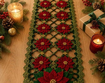 May include: A long, rectangular crochet table runner featuring a repeating pattern of deep red poinsettia flowers with gold bead centers, connected by a green lattice structure. The edges are finished with a decorative green scalloped border.
