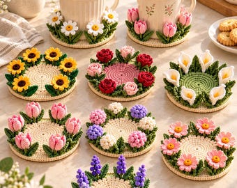 May include: A collection of nine round crochet coasters, each featuring a unique floral design including sunflowers, tulips, roses, calla lilies, hydrangeas, daisies, and lavender, with green leaves accenting the colorful crocheted petals.