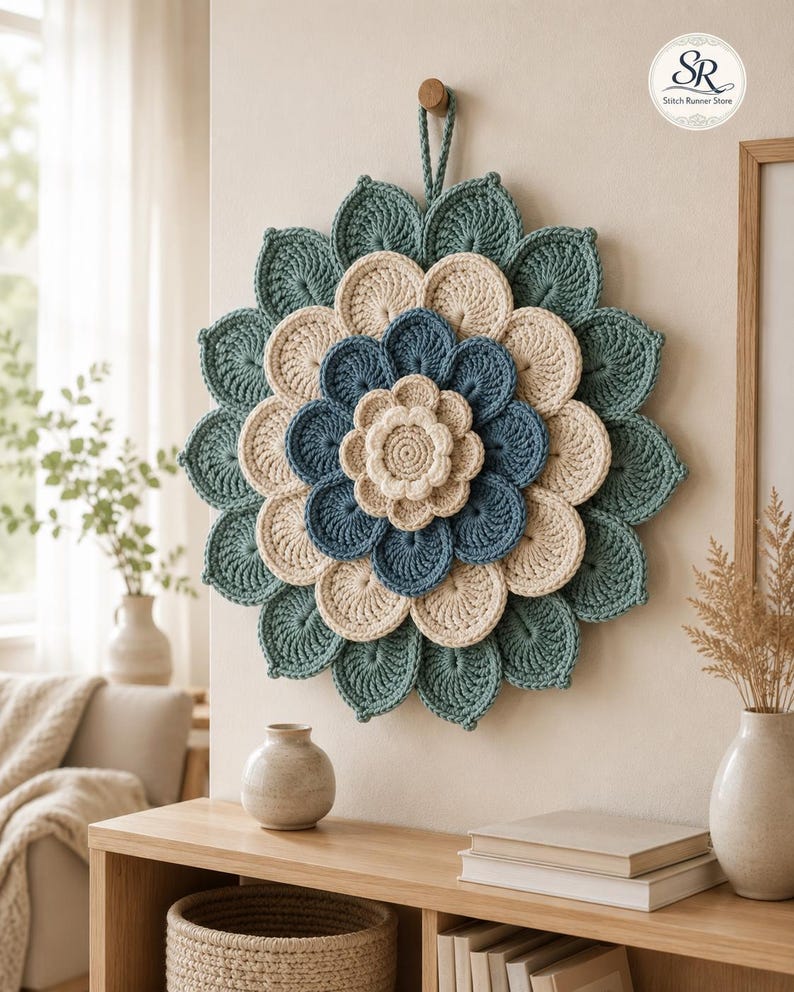 May include: A circular crochet wall hanging featuring layered, petal-like shapes in shades of sage green, cream, and dusty blue. The design is arranged in a concentric floral pattern with a hanging loop at the top and a Stitch Runner Store logo.