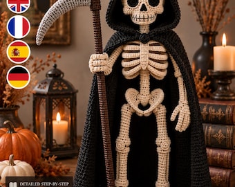 Haakpatroon voor de Grim Reaper (PDF), skelet-amigurumi met zeis, Halloween-haakpatroon, gotische griezeldecoratie, 45 cm Grim Reaper-pop