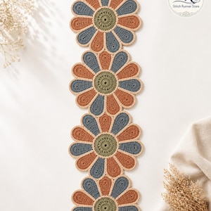 May include: A handmade, crocheted floral table runner. The runner features four large flower shapes in shades of rust, blue-grey, and olive green, with a beige border. The flowers are arranged in a vertical line. The Stitch Runner Store logo is in the upper right corner.
