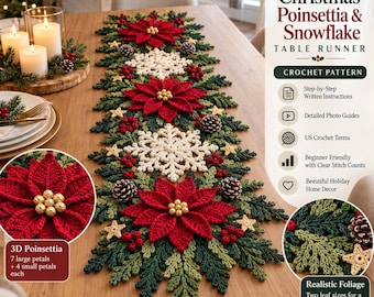 Haakpatroon voor een kersttafelloper (PDF), tafelloper met poinsettia's en sneeuwvlokken, feestelijke tafeldecoratie, 3D bloemenhaakpatroon