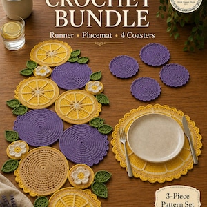 May include: A crochet bundle featuring a runner, placemat, and four coasters. The set includes yellow, purple, and beige circular pieces, some resembling lemon slices, with green leaf and flower accents. The text "CROCHET BUNDLE" is at the top.