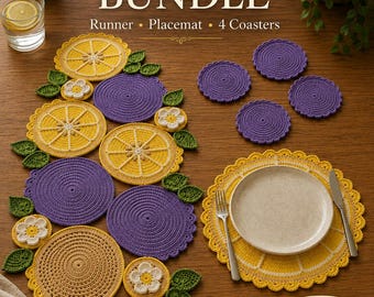 Crochet Table Runner, Lemon Placemat, Purple Coasters Pattern (PDF)