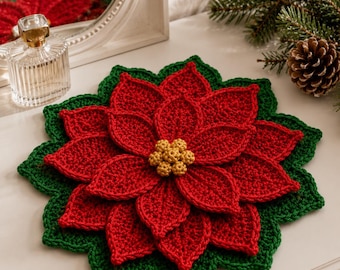 Haakpatroon voor een placemat met kerstster, 3D bloemen tafelmat (PDF download)