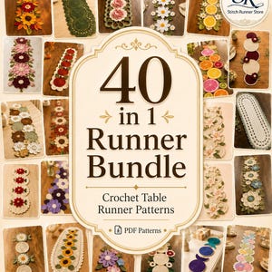 40 virkade löparmönster (PDF), blommig spets, blommotiv, säsongsbetonade designer