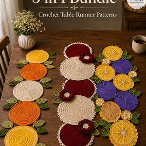 May include: A 3 in 1 Bundle Crochet Table Runner Patterns display featuring three distinct runners. One runner has orange and yellow citrus-themed circles with green leaves. Another has alternating maroon and cream circles with maroon flowers. The third has yellow and purple citrus slices with small white flowers.