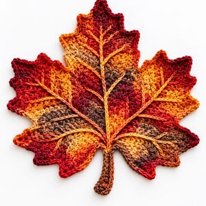 May include: A crochet maple leaf featuring a variegated color palette of deep red, burnt orange, golden yellow, and dark brown. The textile piece displays intricate raised stitching that forms the central vein and branching leaf veins.