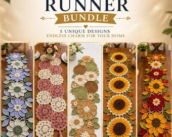 May include: A 5 in 1 crochet runner bundle featuring five distinct floral designs. The runners display various color palettes including blue, pink, cream, green, and sunflower yellow. Each runner is composed of interconnected crocheted flower motifs.