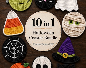 May include: A collection of nine crocheted Halloween-themed coasters featuring a Frankenstein monster, black cat, ghost, candy corn, mummy, spider web, witch hat, pumpkin, skull, and bat, with a central sign reading 10 in 1 Halloween Coaster Bundle.