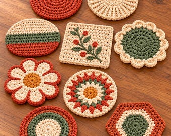 Crochet Coaster Pattern Bundle, 10 Designs, Flower Coasters, Boho Table Decor, Autumn Crochet PDF
