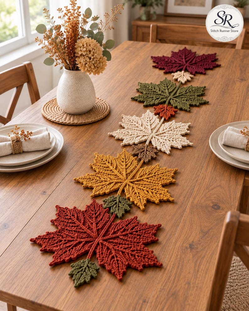 May include: A crochet table runner featuring a series of interconnected maple leaves in autumn colours including deep red, olive green, cream, and golden yellow, arranged in a linear pattern down the centre of a wooden dining table.