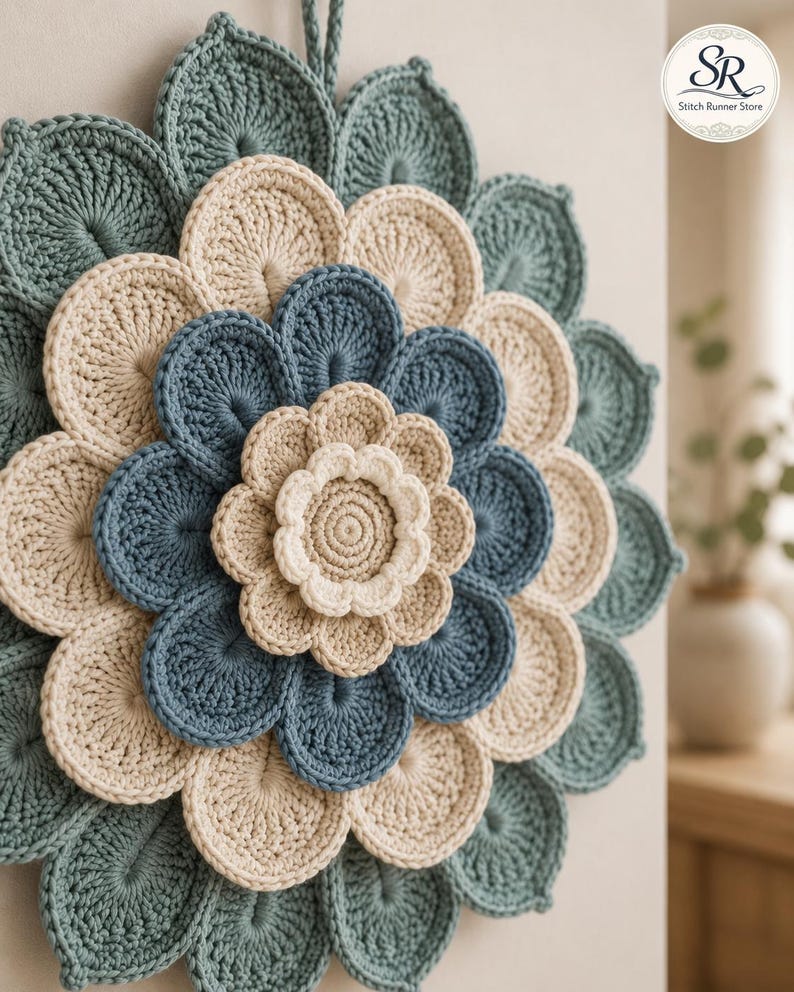 May include: A circular crochet wall hanging featuring layered flower petals in shades of sage green, cream, and dusty blue. The design consists of concentric rings of stitched petals radiating from a central cream-colored flower center.