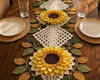 Crochet Sunflower Runner Pattern, Floral Leaves Centerpiece (PDF Download)