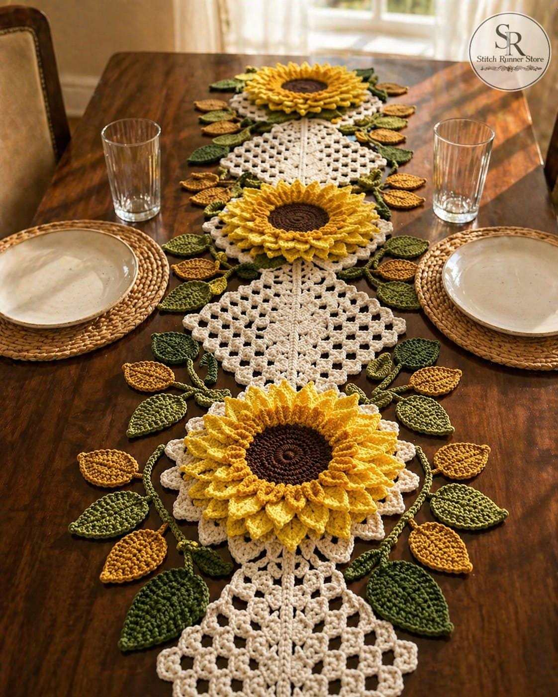 38 Crochet Leaf Patterns To Welcome Fall With Appliqués, Garlands, and Botanical Details 11 Crochet Sunflower Runner