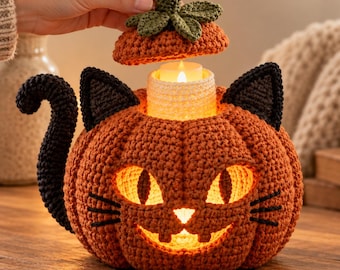Haakpatroon voor een pompoenlantaarn met zwarte kat, LED-decoratie voor Halloween (PDF)
