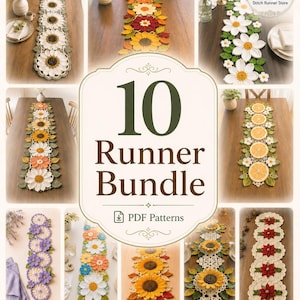 May include: A digital bundle of 10 crochet table runner PDF patterns featuring floral, citrus, and seasonal designs. The collection includes various motifs like sunflowers, daisies, oranges, and poinsettias in vibrant colours with green leaf accents.