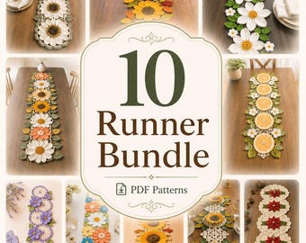 Bundel met 10 haakpatronen voor tafellopers, bloemen, madeliefjes, zonnebloemen en kant (PDF-download)
