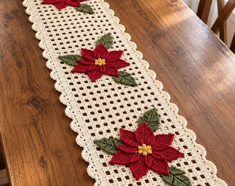 Poinsettia Crochet Table Runner Pattern PDF, Christmas Lace Table Decor, 3D Flower Runner