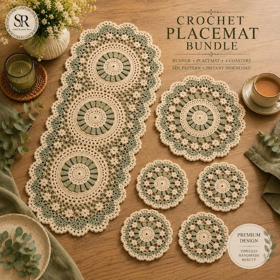 Crochet Dining Set Pattern Bundle, Table Runner, Placemat, Coaster PDF Patterns (Farmhouse Decor)