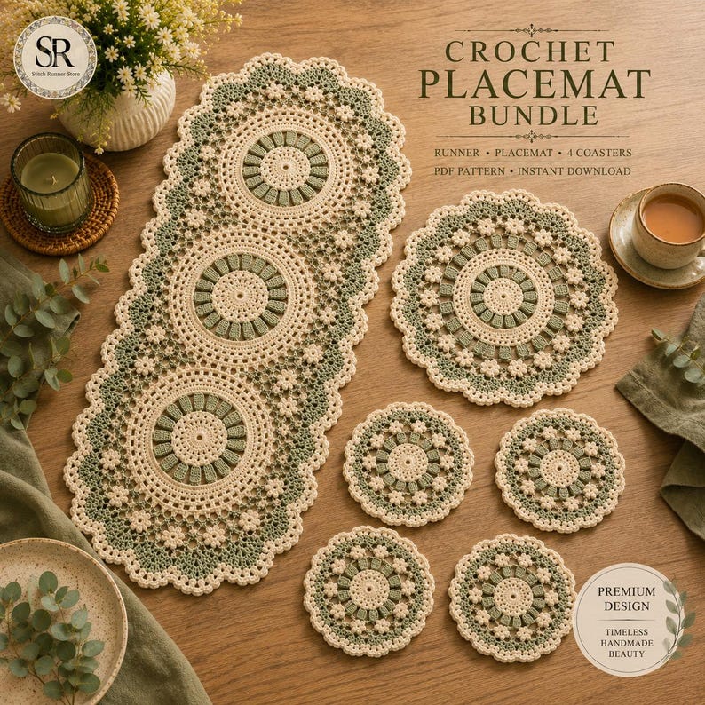 Crochet Dining Set Pattern Bundle, Table Runner, Placemat, Coaster PDF Patterns (Farmhouse Decor) image 1