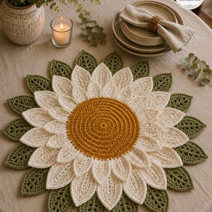 May include: A round, crocheted table mat featuring a central mustard yellow circle surrounded by two layers of cream-colored petals and an outer ring of dark green, leaf-shaped accents, all crafted with a textured, hand-stitched yarn design.