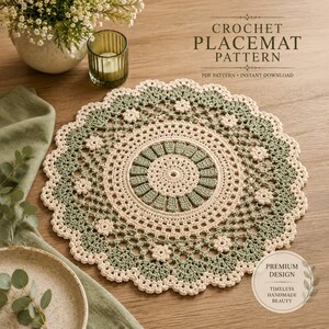 May include: A round crochet placemat featuring a cream and sage green colour scheme with a central circular motif, radiating petal-like segments, and a scalloped edge adorned with small flower patterns. Text reads CROCHET PLACEMAT PATTERN.
