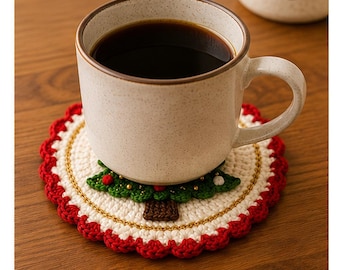 Könnte beinhalten: Ein runder, gehäkelter Untersetzer mit einem zentralen grünen Weihnachtsbaum-Motiv und braunem Stamm, verziert mit kleinen roten und weißen Perlen. Der Untersetzer hat eine cremefarbene Basis, eine goldene Fadenborte und einen roten Wellenrand.