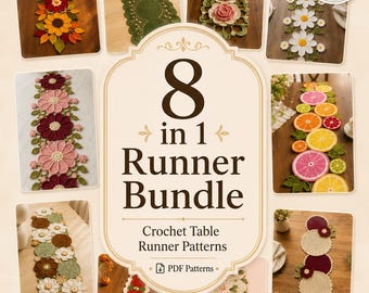 Bundel met 8 haakpatronen voor tafellopers, zonnebloem, bloemen en citrus (PDF-patronen)