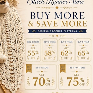 May include: A promotional graphic for Stitch Runner Store featuring digital crochet patterns. The text reads Buy More & Save More with tiered discount offers ranging from 55% off for 2 items up to 75% off for 10+ items. A cream crochet runner is visible.