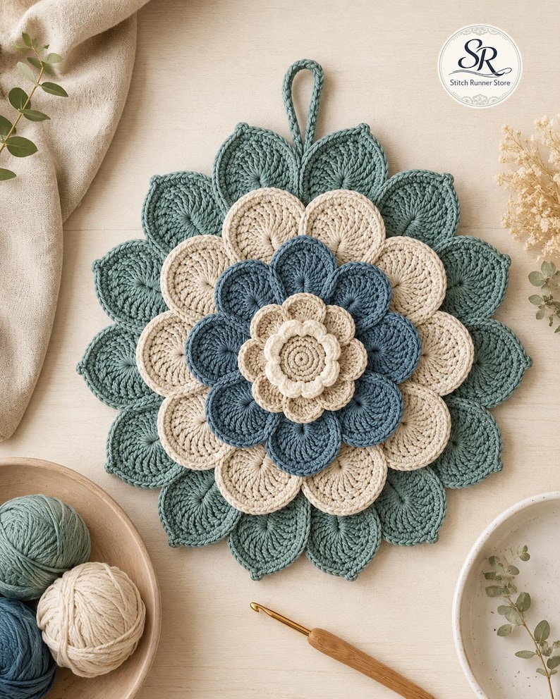 May include: A circular crochet potholder featuring a layered floral design in shades of teal, cream, and blue. The piece has a central cream flower, surrounded by concentric rings of blue and cream petals, finished with a teal outer border and a hanging loop. The logo "SR Stitch Runner Store" is visible in the top right corner.
