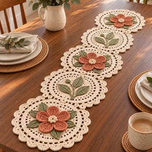 Puede incluir: Un camino de mesa de ganchillo largo de color crema con un patrón repetitivo de motivos circulares. El diseño alterna entre flores tridimensionales de color terracota con centros blancos y hojas verdes, y ramas con hojas verdes.