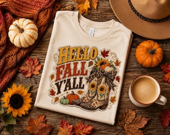 Hello Fall Y'all PNG | Western Fall Boots PNG | Cowgirl Autumn Sublimation | Sunflower Pumpkin Shirt PNG | Digital Download