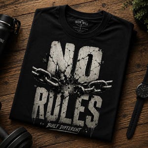 May include: A black t-shirt featuring a graphic of a broken metal chain across the center with the text "NO RULES" in a distressed, cracked white font and the phrase "BUILT DIFFERENT" printed in smaller white letters underneath the design.