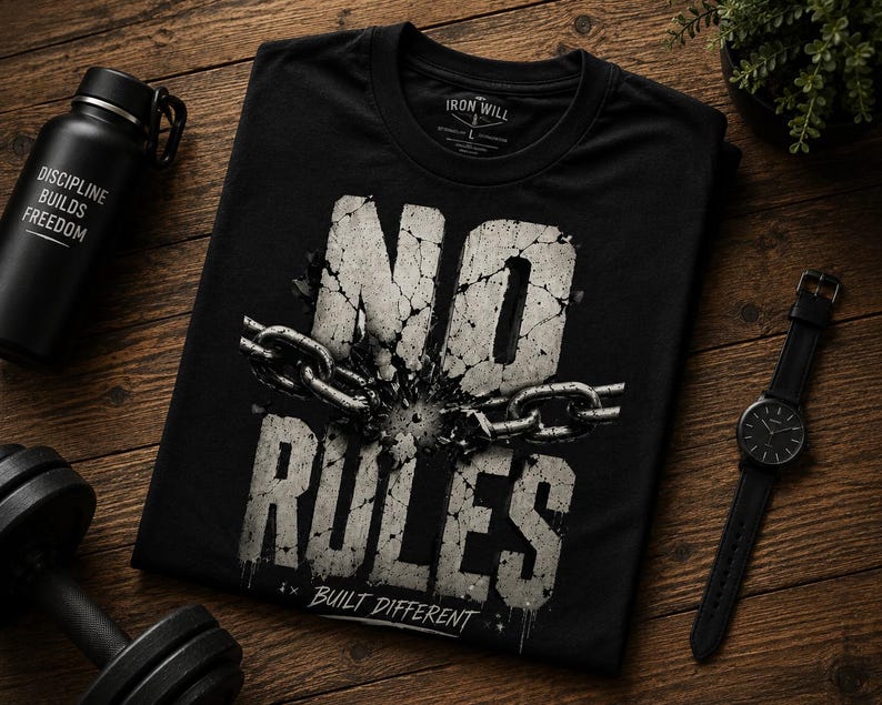 May include: A black t-shirt featuring a graphic of a broken metal chain across the center with the text "NO RULES" in a distressed, cracked white font and the phrase "BUILT DIFFERENT" printed in smaller white letters underneath the design.
